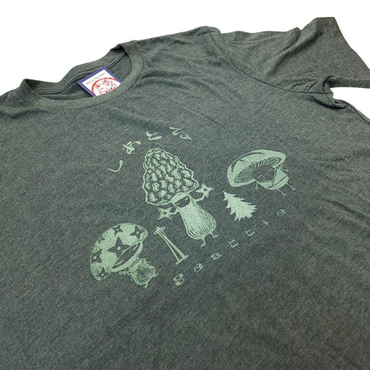 Adult Tee - Mushroom Trio on Heather Green Crew Neck (S - 2XL) by Namu