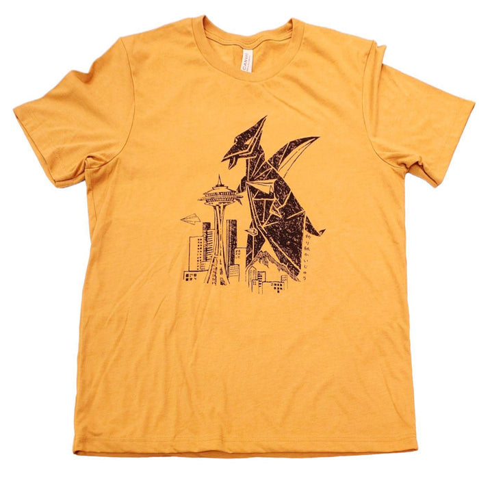 Adult Tee - Origami Kaiju on Golden Yellow Crew Neck (XS - 3XL) by Namu