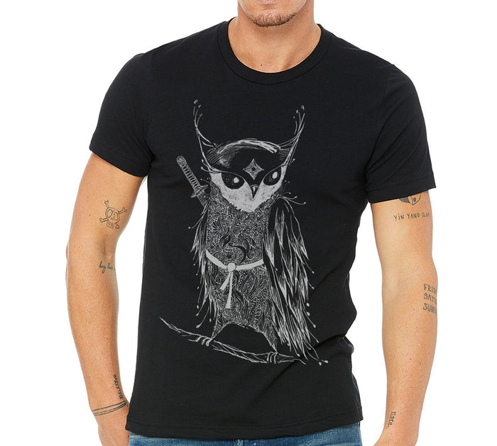Adult Tee - White Samurai Owl on Black Crew Neck (S - 2XL) by Namu
