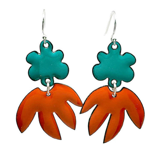 Earrings - Abstract Pointy Dangles (Solid Teal and Orange) by Magpie Mouse Studios
