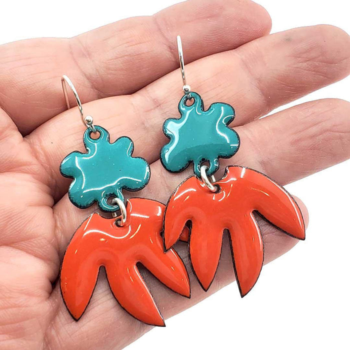 Earrings - Abstract Pointy Dangles (Solid Teal and Orange) by Magpie Mouse Studios