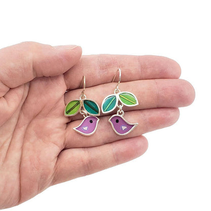 Earrings - Bird and Leaves (Purple) by Happy Art Studio