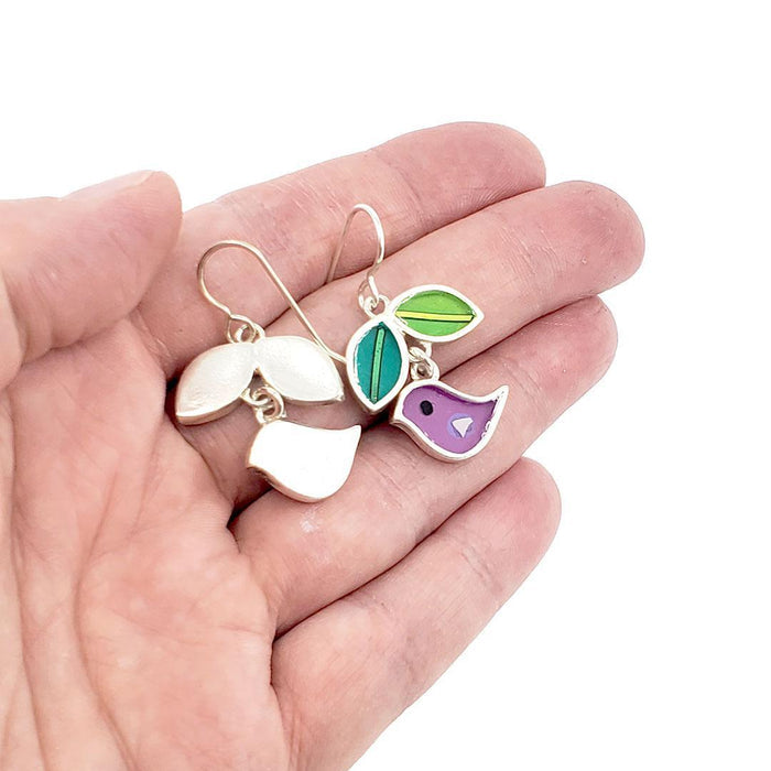 Earrings - Bird and Leaves (Purple) by Happy Art Studio