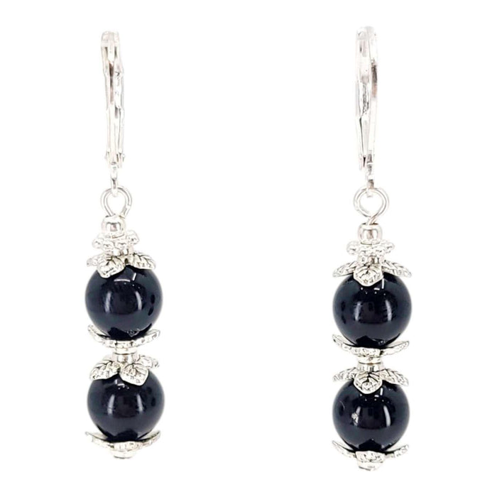 Earrings - Double Bead Drops (Black Resin, Silver plate) by Tiny Aloha