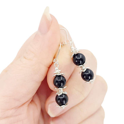Earrings - Double Bead Drops (Black Resin, Silver plate) by Tiny Aloha