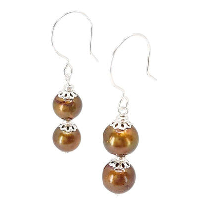 Earrings - Double Stacked Pearl Drops (Bronze Pearl, Silver Fill) by Tiny Aloha