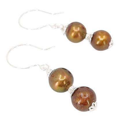 Earrings - Double Stacked Pearl Drops (Bronze Pearl, Silver Fill) by Tiny Aloha