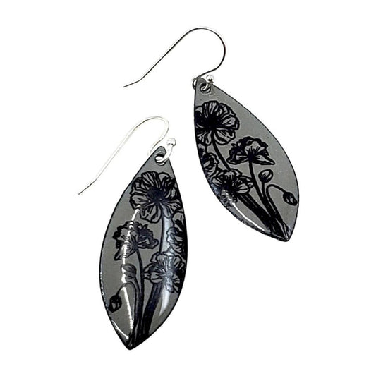 Earrings - Long Marquise (Anemone Floral on Gray) by Magpie Mouse Studios