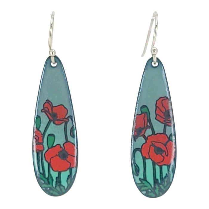 Earrings - Long Teardrop (Poppies on Gray Turquoise) by Magpie Mouse Studios