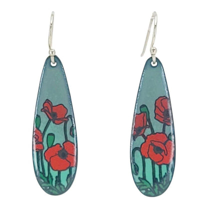 Earrings - Long Teardrop (Poppies on Gray Turquoise) by Magpie Mouse Studios
