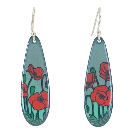 Earrings - Long Teardrop (Poppies on Gray Turquoise) by Magpie Mouse Studios