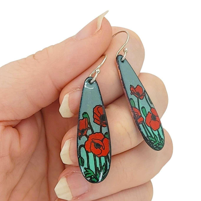 Earrings - Long Teardrop (Poppies on Gray Turquoise) by Magpie Mouse Studios
