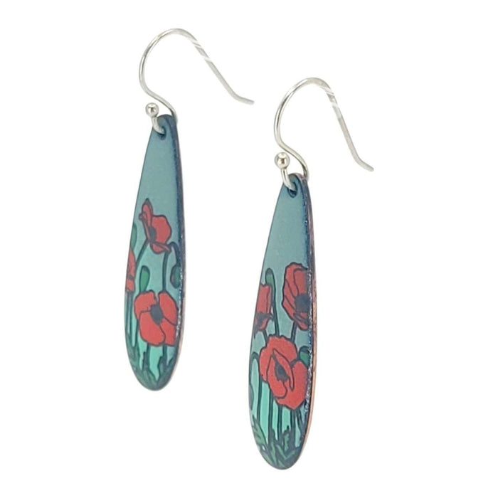 Earrings - Long Teardrop (Poppies on Gray Turquoise) by Magpie Mouse Studios