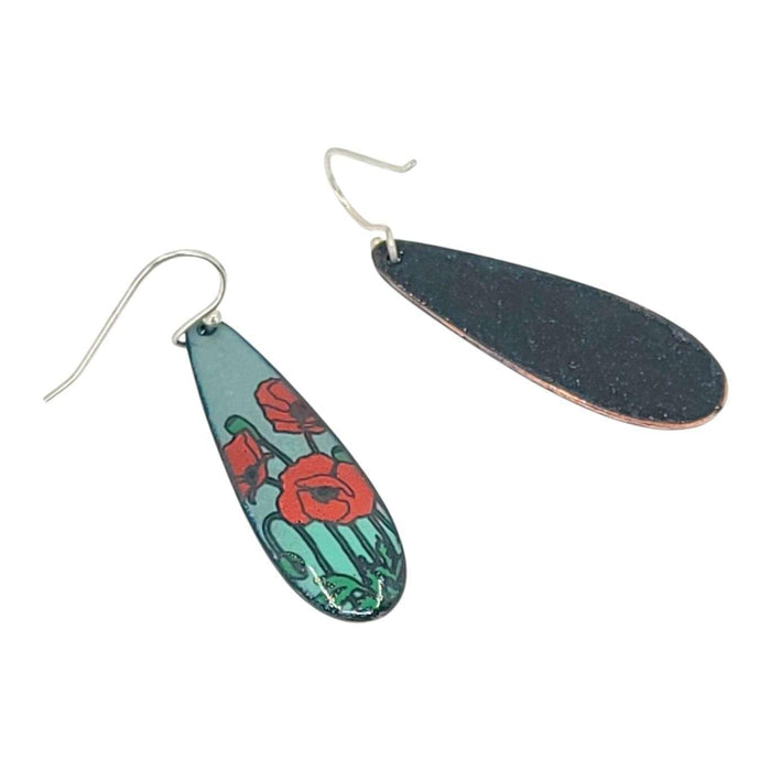 Earrings - Long Teardrop (Poppies on Gray Turquoise) by Magpie Mouse Studios