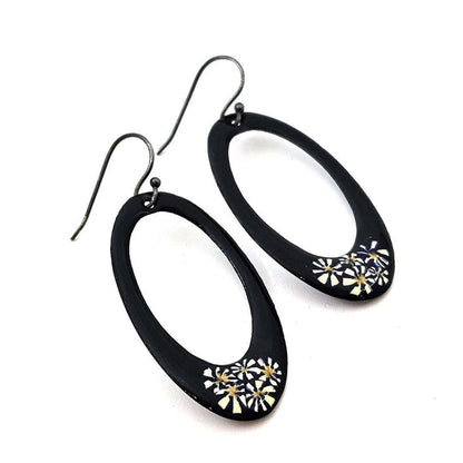 Earrings - Open Large Oval (White Millefiori on Black) by Magpie Mouse Studios