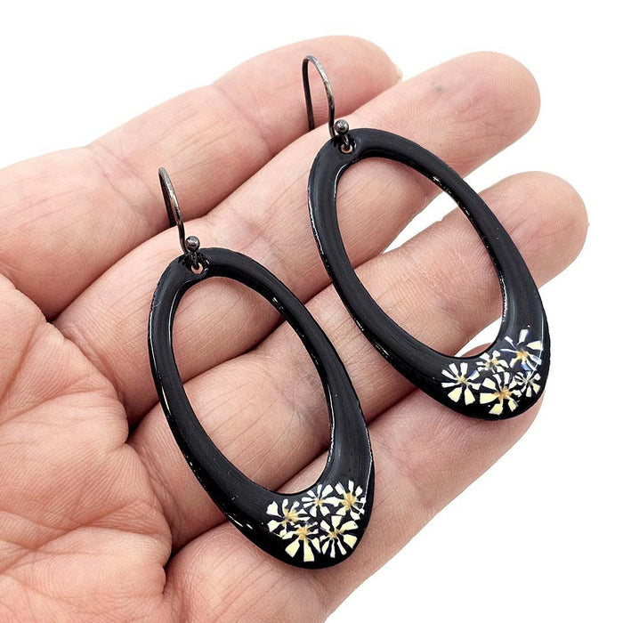 Earrings - Open Large Oval (White Millefiori on Black) by Magpie Mouse Studios