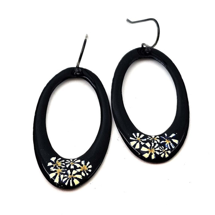 Earrings - Open Large Oval (White Millefiori on Black) by Magpie Mouse Studios
