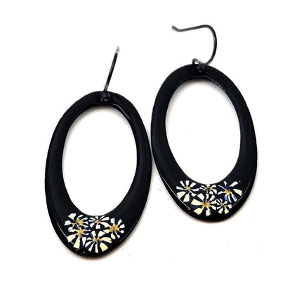 Earrings - Open Large Oval (White Millefiori on Black) by Magpie Mouse Studios