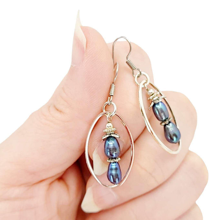 Earrings - Oval Frame Pearl Drops (Peacock) by Tiny Aloha