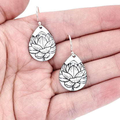 Earrings - Small Teardrop (Lotus on Solid White) by Magpie Mouse Studios