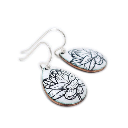 Earrings - Small Teardrop (Lotus on Solid White) by Magpie Mouse Studios