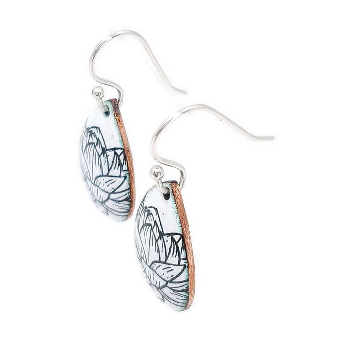 Earrings - Small Teardrop (Lotus on Solid White) by Magpie Mouse Studios