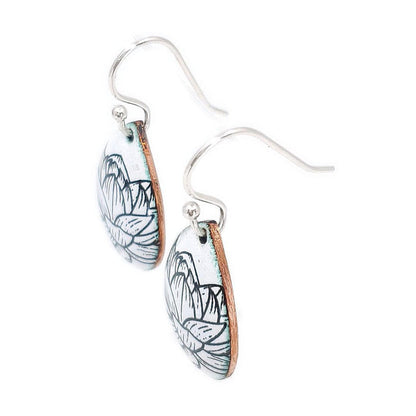 Earrings - Small Teardrop (Lotus on Solid White) by Magpie Mouse Studios