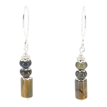 Earrings - Stacked Column Drops (Olive Jasper, Silver Fill) by Tiny Aloha