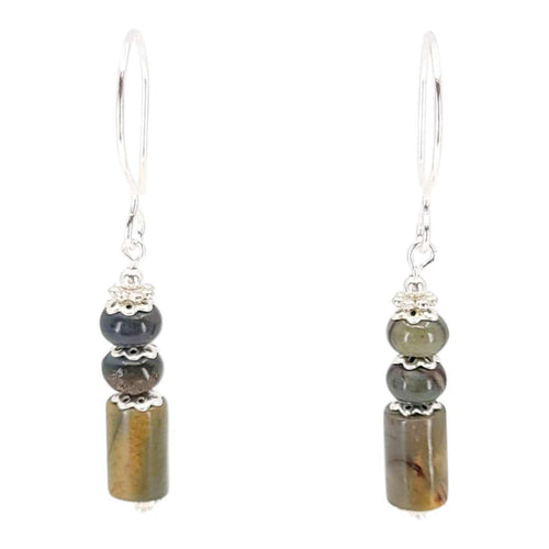 Earrings - Stacked Column Drops (Olive Jasper, Silver Fill) by Tiny Aloha