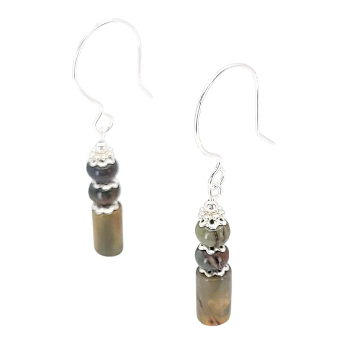 Earrings - Stacked Column Drops (Olive Jasper, Silver Fill) by Tiny Aloha