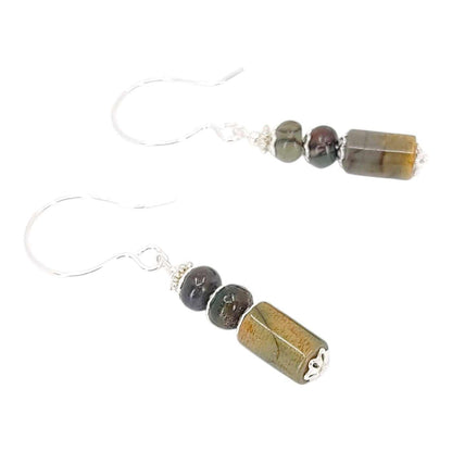 Earrings - Stacked Column Drops (Olive Jasper, Silver Fill) by Tiny Aloha