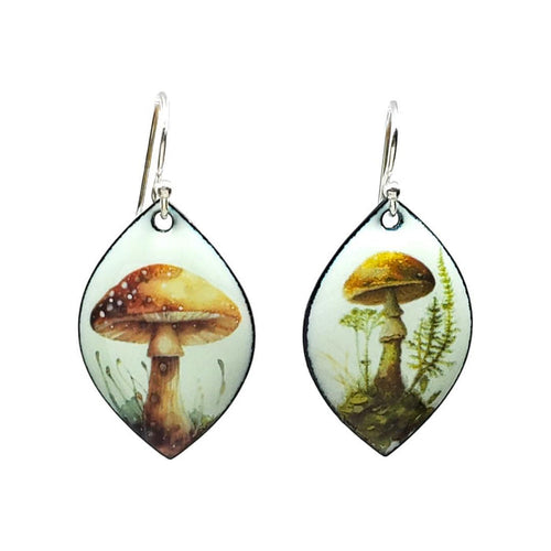 Earrings - Wide Marquise (Mushrooms on Pale Blue) by Magpie Mouse Studios