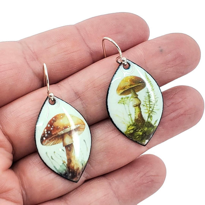 Earrings - Wide Marquise (Mushrooms on Pale Blue) by Magpie Mouse Studios
