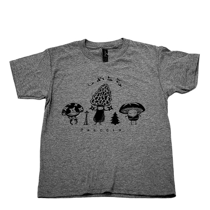 Kids Tee - Mushroom Trio on Gray Crew Neck (Youth S - XL) by Namu