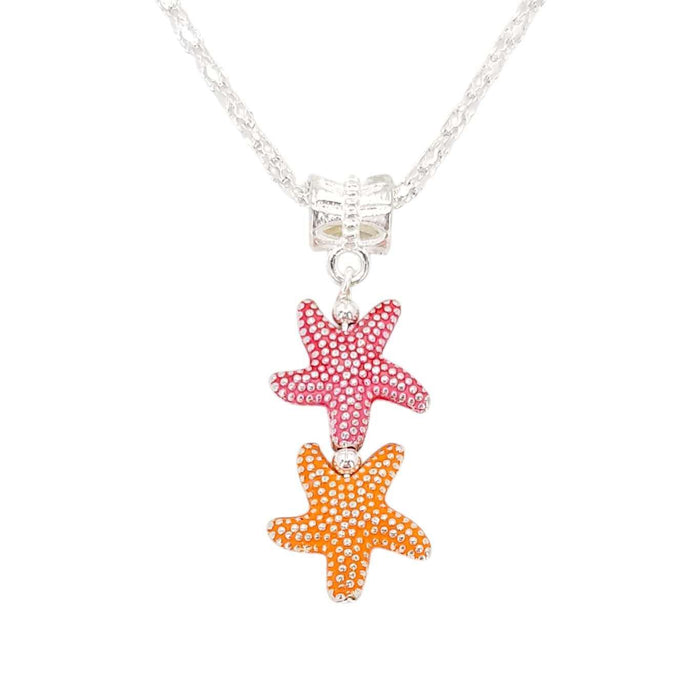 Necklace - Double Sea Star Pendant (Red Orange, Silver Plate) by Tiny Aloha
