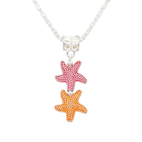 Necklace - Double Sea Star Pendant (Red Orange, Silver Plate) by Tiny Aloha