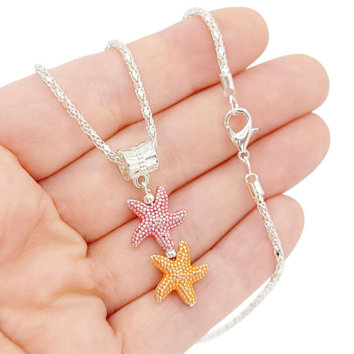 Necklace - Double Sea Star Pendant (Red Orange, Silver Plate) by Tiny Aloha