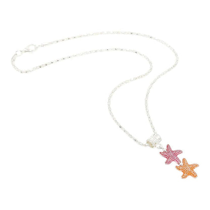 Necklace - Double Sea Star Pendant (Red Orange, Silver Plate) by Tiny Aloha