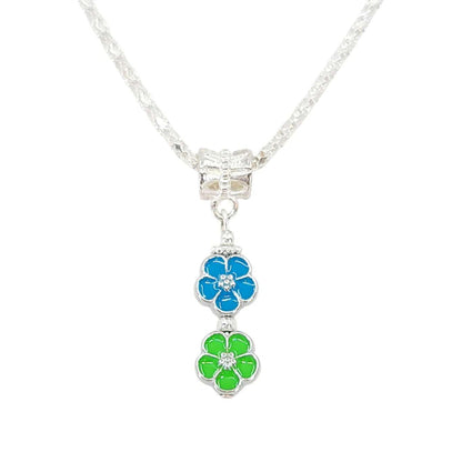 Necklace - Double Small Flower Pendant (Blue Green, Silver Plate) by Tiny Aloha