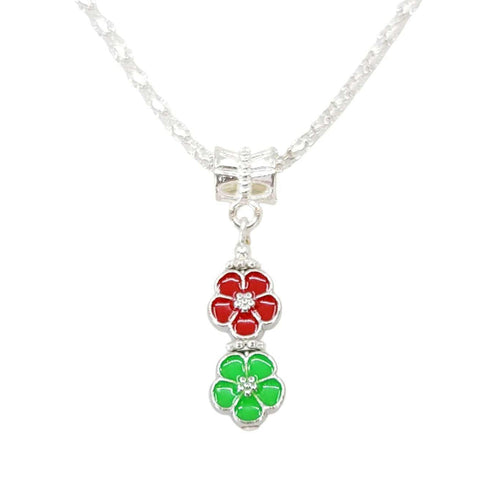 Necklace - Double Small Flower Pendant (Red Green, Silver Plate) by Tiny Aloha