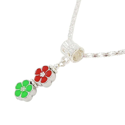 Necklace - Double Small Flower Pendant (Red Green, Silver Plate) by Tiny Aloha