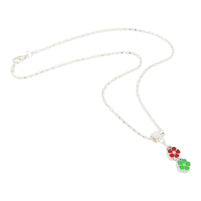 Necklace - Double Small Flower Pendant (Red Green, Silver Plate) by Tiny Aloha