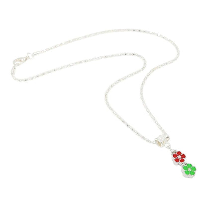 Necklace - Double Small Flower Pendant (Red Green, Silver Plate) by Tiny Aloha