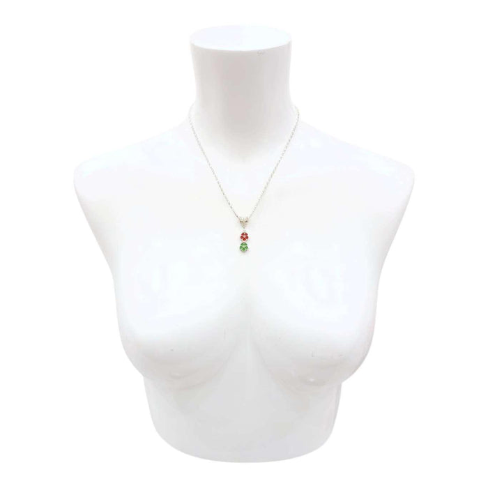 Necklace - Double Small Flower Pendant (Red Green, Silver Plate) by Tiny Aloha