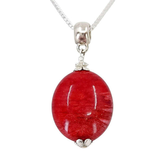 Necklace - Large Oval Pendant (Red Resin, Silver Fill) by Tiny Aloha