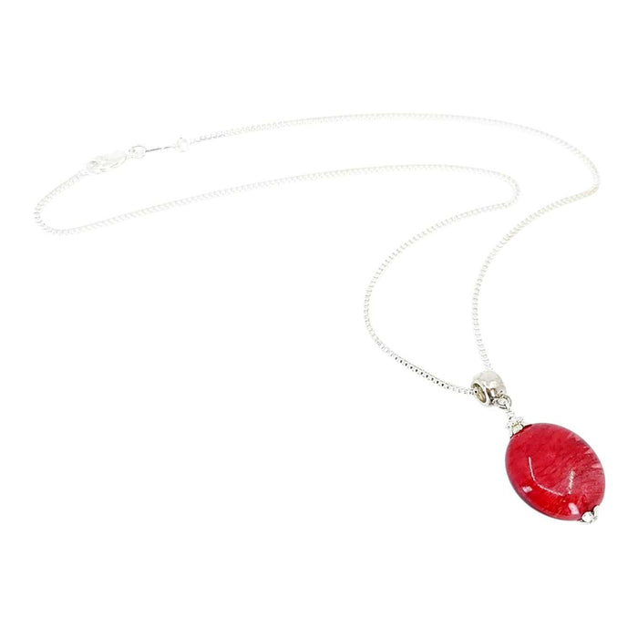 Necklace - Large Oval Pendant (Red Resin, Silver Fill) by Tiny Aloha