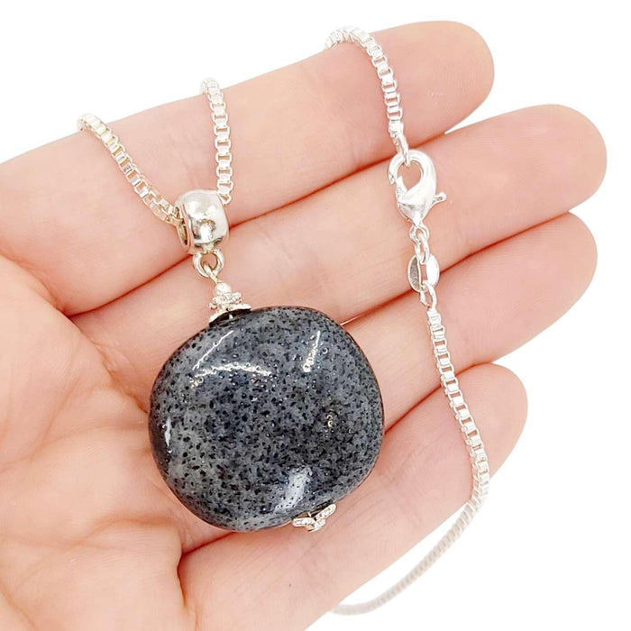 Necklace - Large Pillow Pendant (Black Ceramic, Silver Fill) by Tiny Aloha