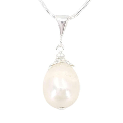 Necklace - Large Single Pearl Pendant (Cream, Silver Fill Snake Chain) by Tiny Aloha