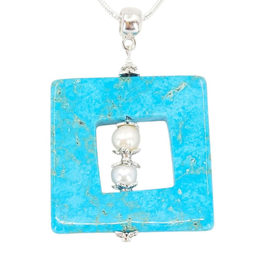 Necklace - Large Square Frame Pendant (Amazonite, Pearl, Sterling Silver) by Tiny Aloha