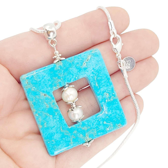 Necklace - Large Square Frame Pendant (Amazonite, Pearl, Sterling Silver) by Tiny Aloha